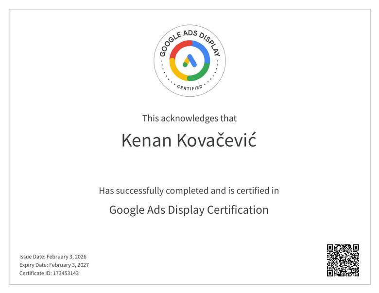 Google Ads Display Certification, Kenan Kovačević, 2026.