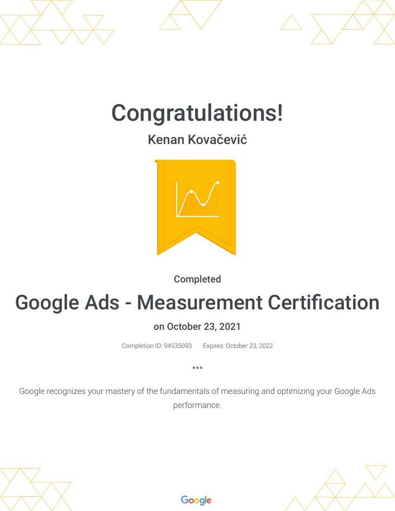 Google Ads Measurement Certification, Kenan Kovačević, 2021.