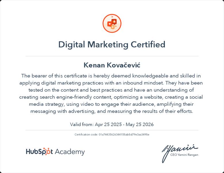 HubSpot Academy Digital Marketing Certified, Kenan Kovačević, 2025.