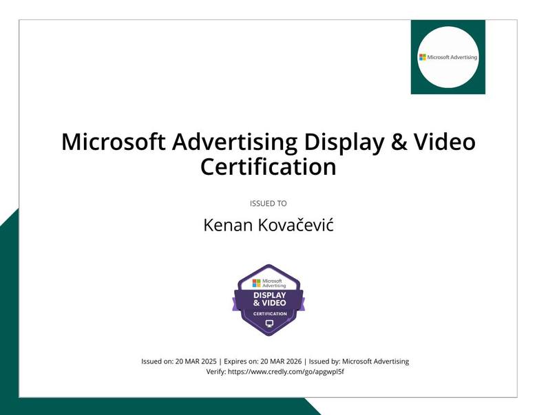 Microsoft Advertising Display and Video Certification, Kenan Kovačević, 2025.
