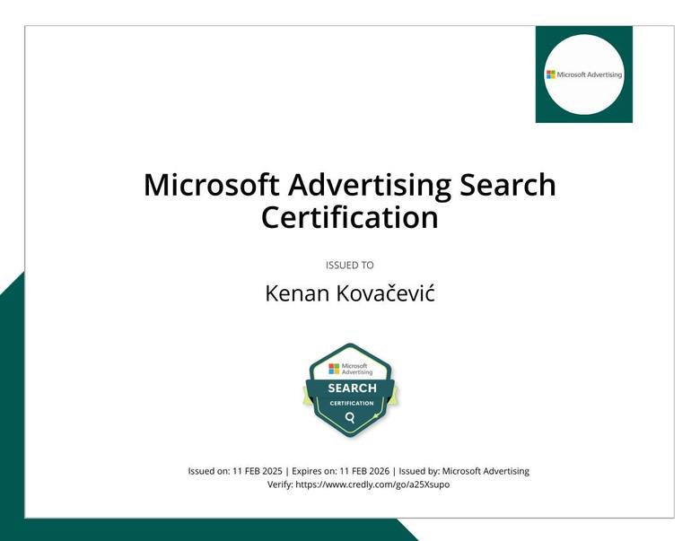 Microsoft Advertising Search Certification, Kenan Kovačević, 2025.